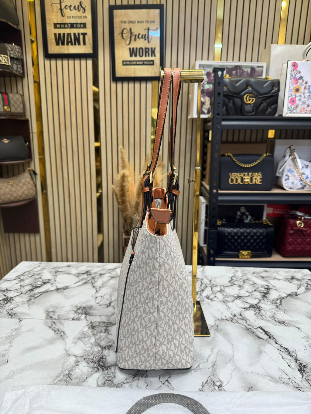 MK-Inspired Jet Set Travel Double Pocket Tote Bag With Dust Bag Including Card (Beige)