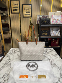 MK-Inspired Jet Set Travel Double Pocket Tote Bag With Dust Bag Including Card (Beige)