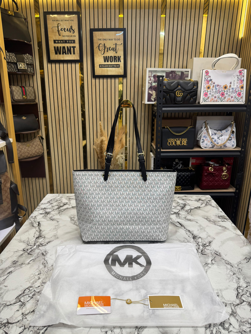 MK-Inspired Jet Set Travel Double Pocket Tote Bag With Dust Bag (Black)