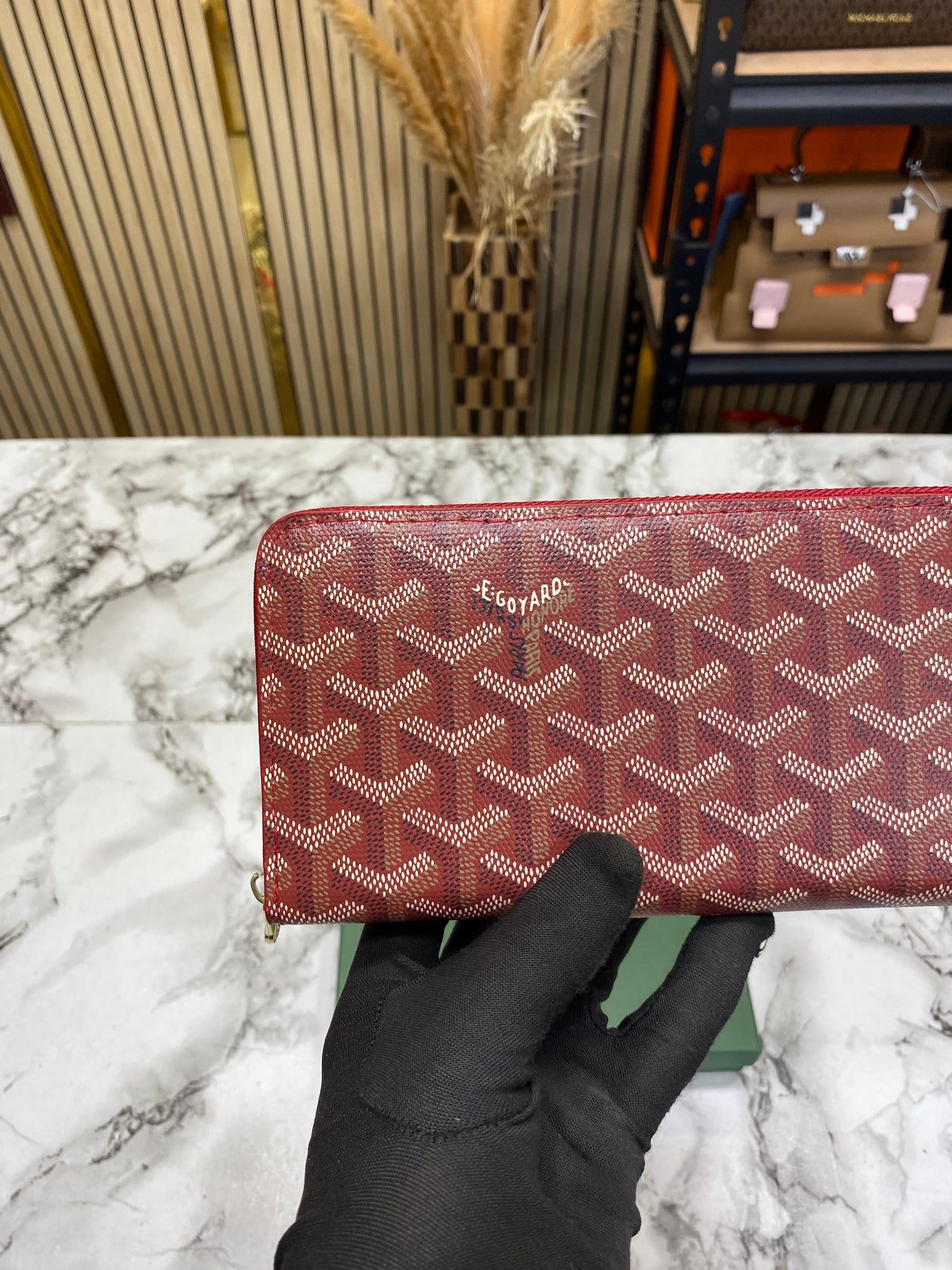 Goyard Inspired Matignon GM Signature Chevron Long Wallet With Box (Red)