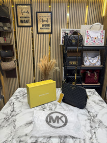 MK-Inspired Jet Set Charm Logo Dome Saffiano Leather Crossbody Bag (Black)