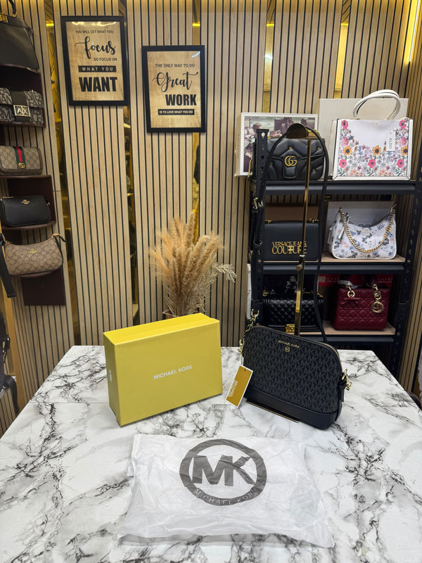 MK-Inspired Jet Set Charm Logo Dome Saffiano Leather Crossbody Bag (Black)