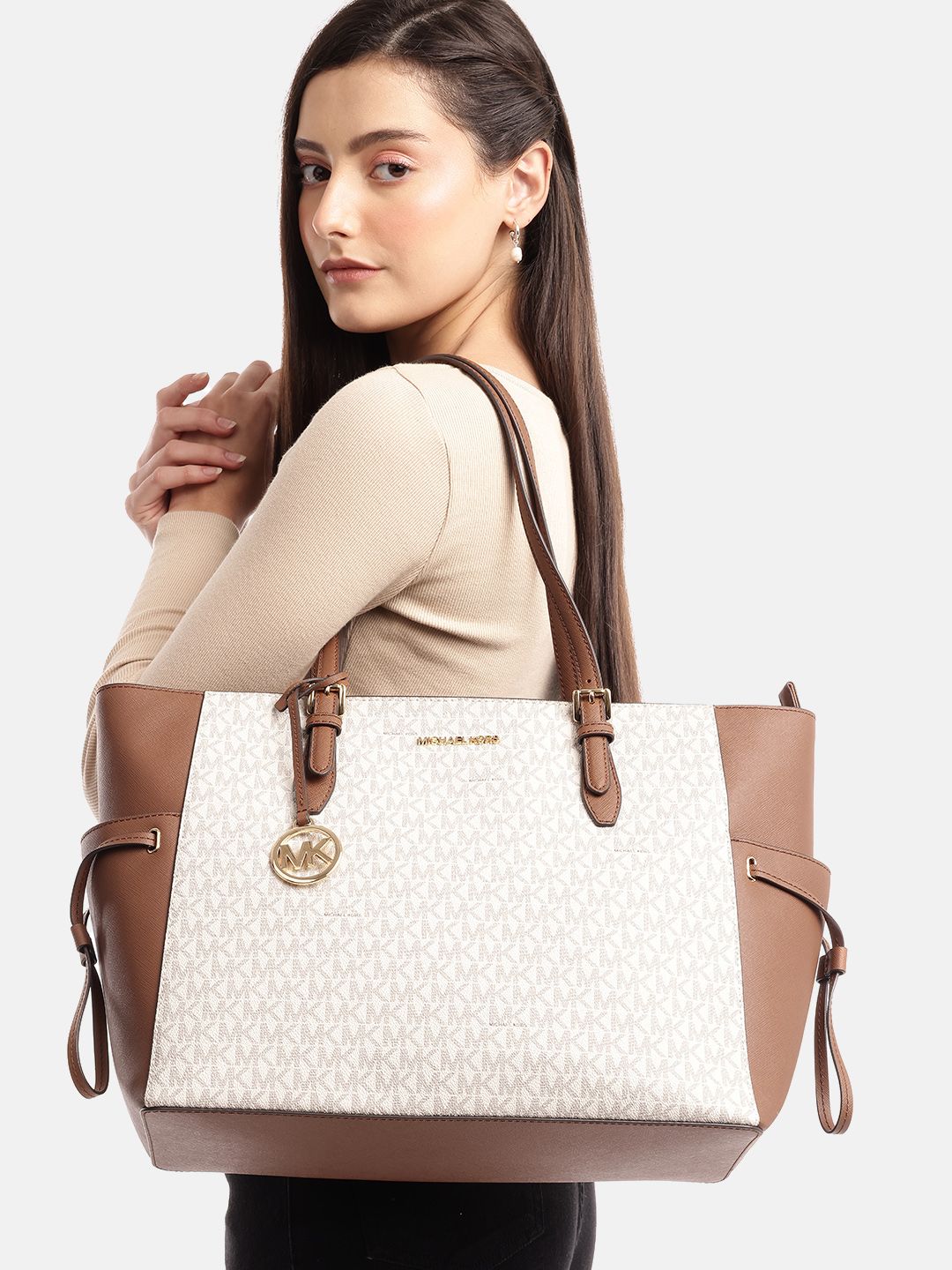 MK-Inspired Jet Set Travel Signature Logo Large Top-Zip Tote Bag With Dust Bag (Beige Brown)