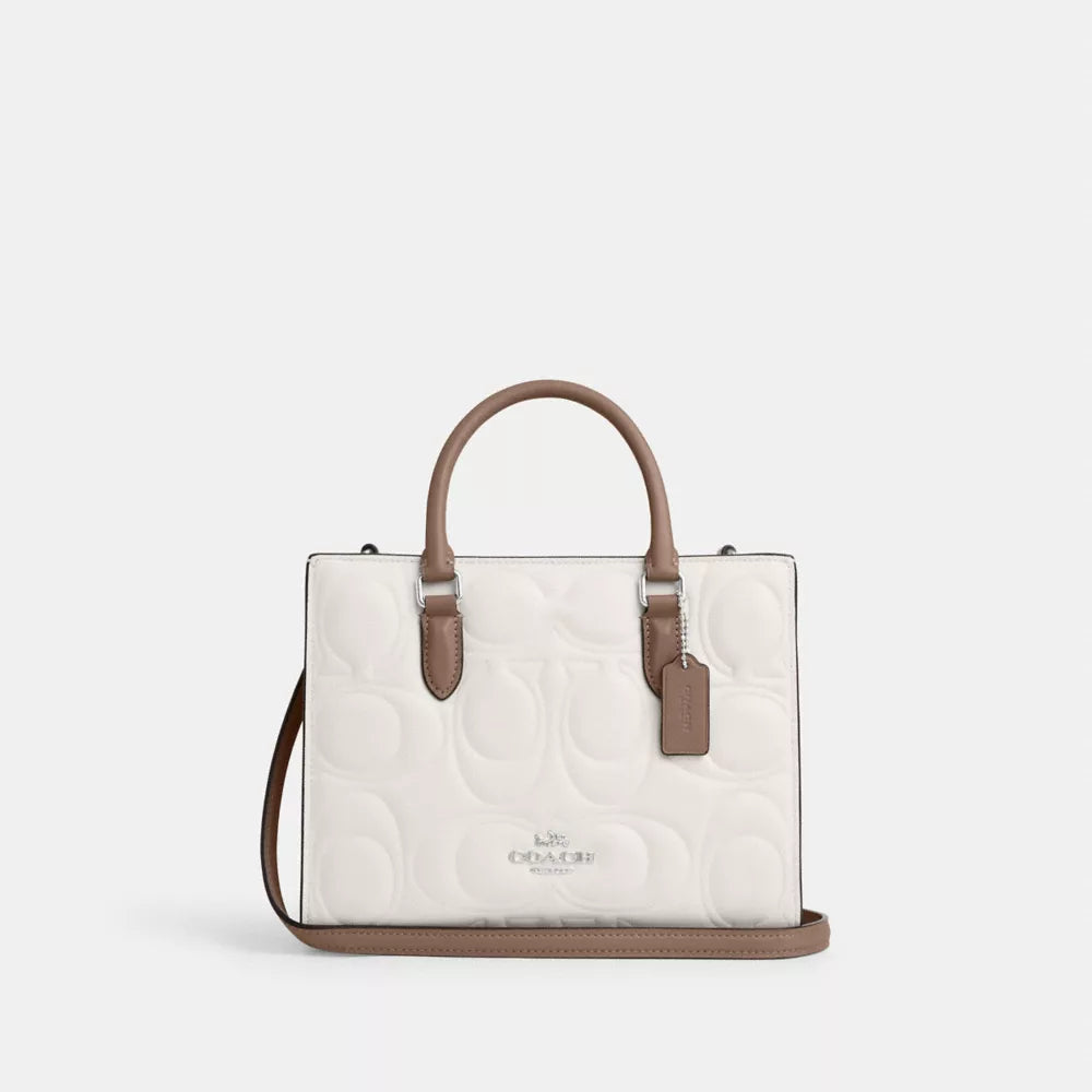 C-Inspired Maggie Embossed Leather Top Handle Crossbody Bag With Magnetic Box Including Carry Bag (White)