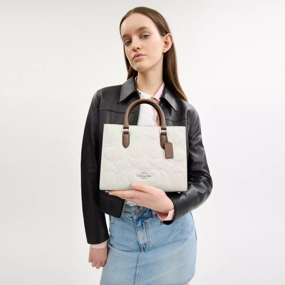 C-Inspired Maggie Embossed Leather Top Handle Crossbody Bag With Magnetic Box Including Carry Bag (White)