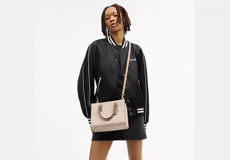 C-Inspired Maggie Embossed Leather Top Handle Crossbody Bag With Magnetic Box Including Carry Bag (Pink)