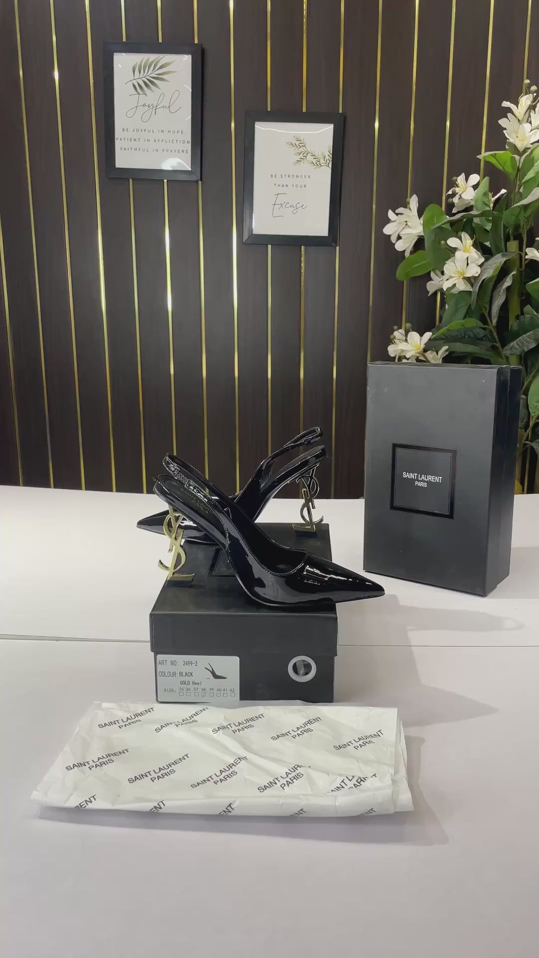 YSL-Inspired Opyum Heel Black Gold Slingback Pumps With Box